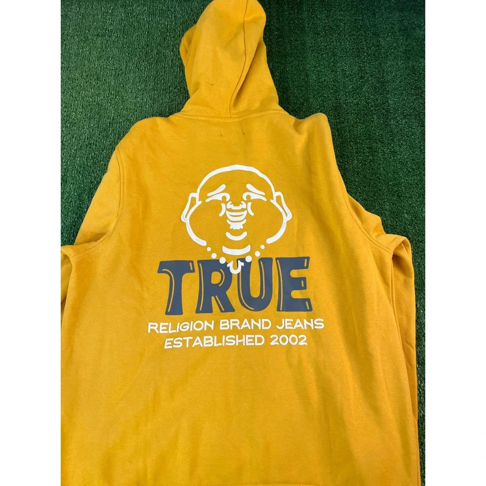 True Religion Mens Yellow Full Zip Hoodie Buddha Graphic Horseshoe Logo XL